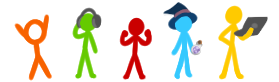 five colorful stick figures